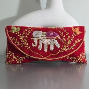 Vintage Beaded Elephant Red Velvet Clutch Evening Bag